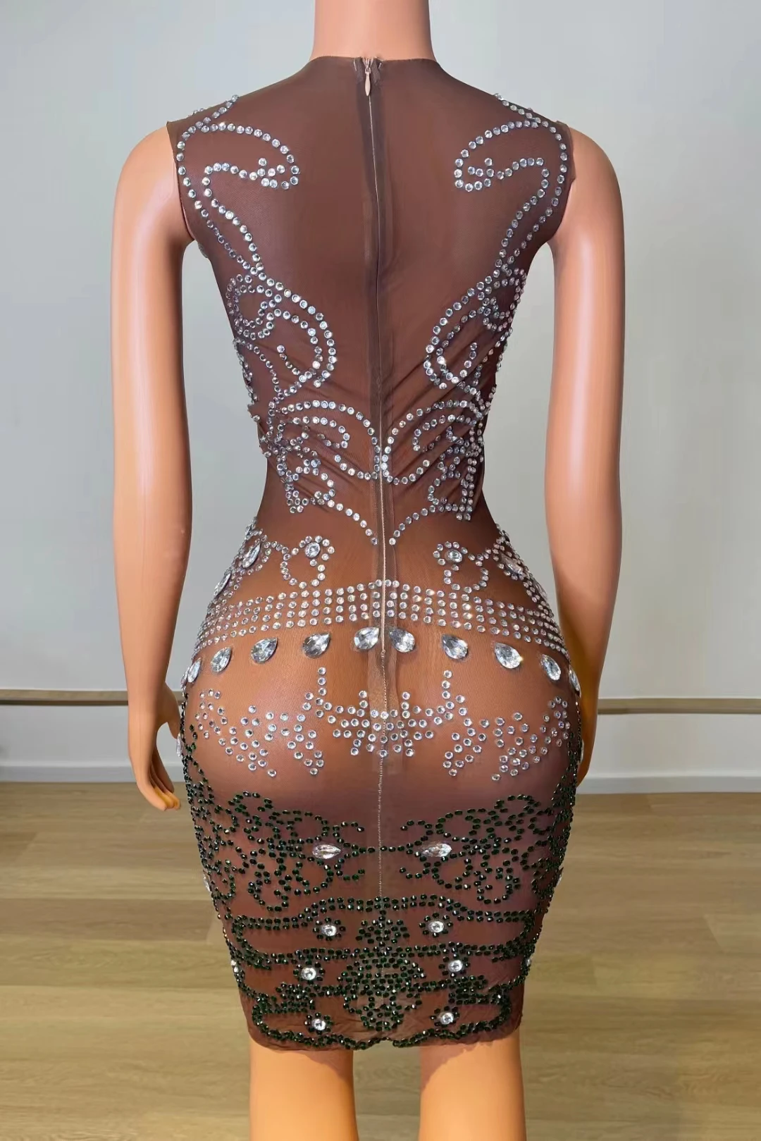 Bar Singer Host Sexy Transparent Mesh Rhinestones Bodycon Short Dress Women Birthday Prom Celebrate Evening Party Dance Costume