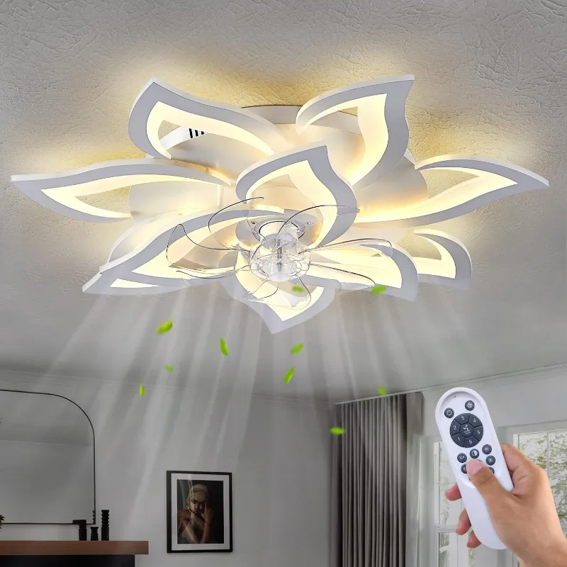 

32" White Ceiling Fan with Light Remote Control, Modern Geometric Ceiling Fan with Lights, 6 Speeds 3 Light Color Low Profile Ce