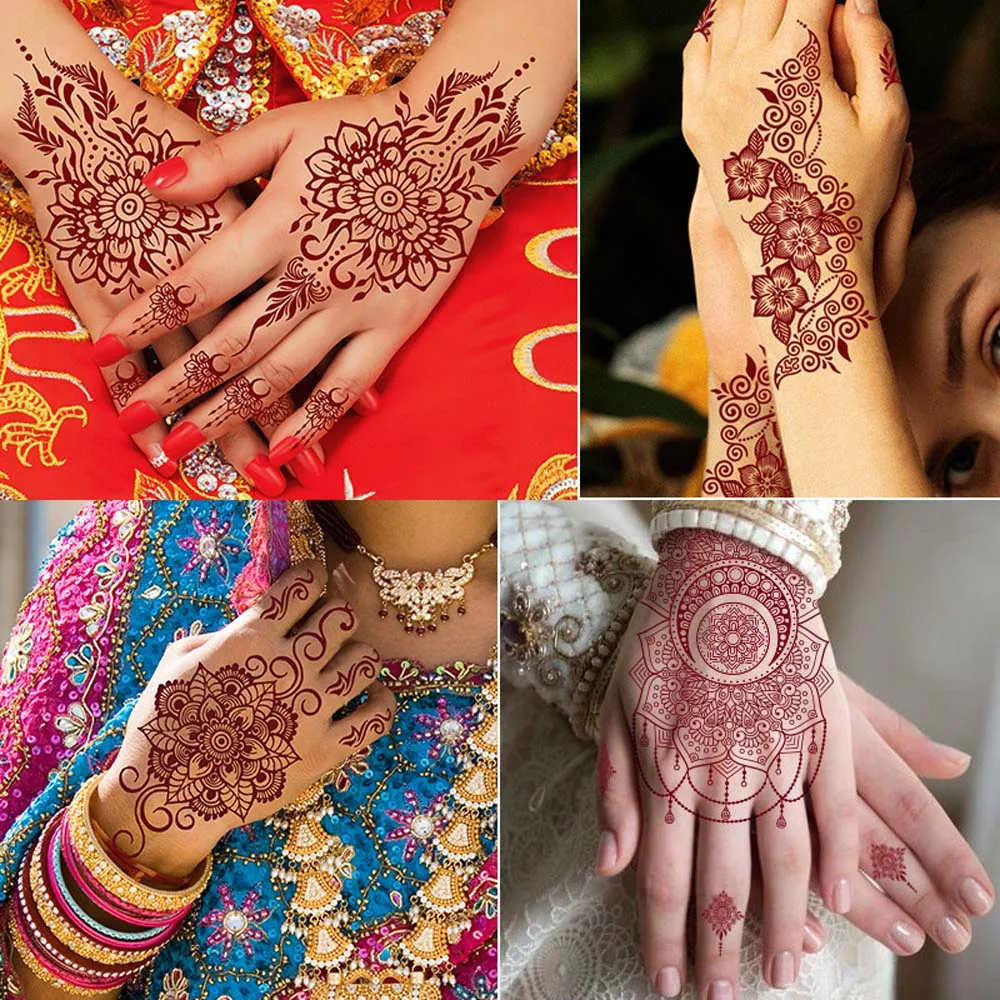 Adesivos mehndi vermelhos, tatuagem de henna, tatuagem falsa para mulheres, decalques de transferência de água, tatuagem temporária, flor da índia, ferramenta de casamento