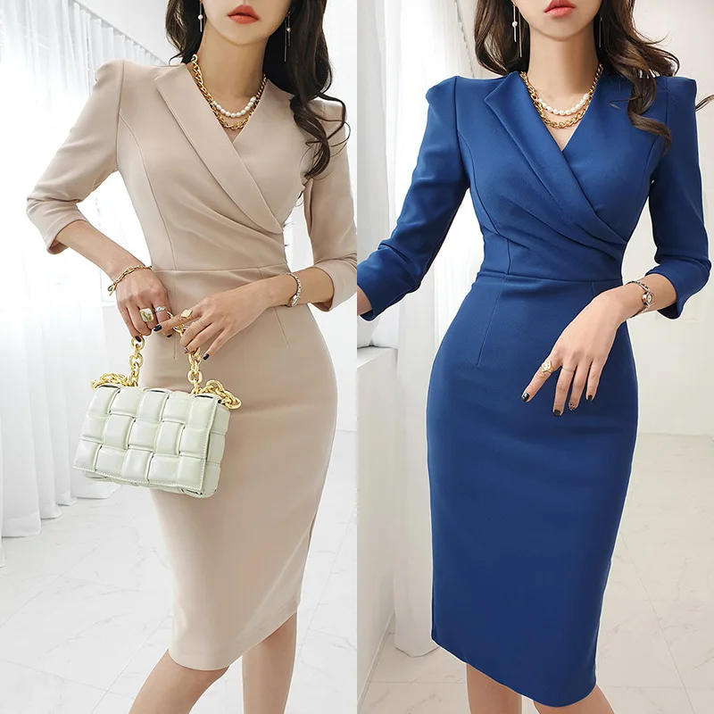 

Spring and Summer New Fashion Women Slim Mid-Long Dresses Ladies Suit Collar V-neck Office Business Pencil Dresses