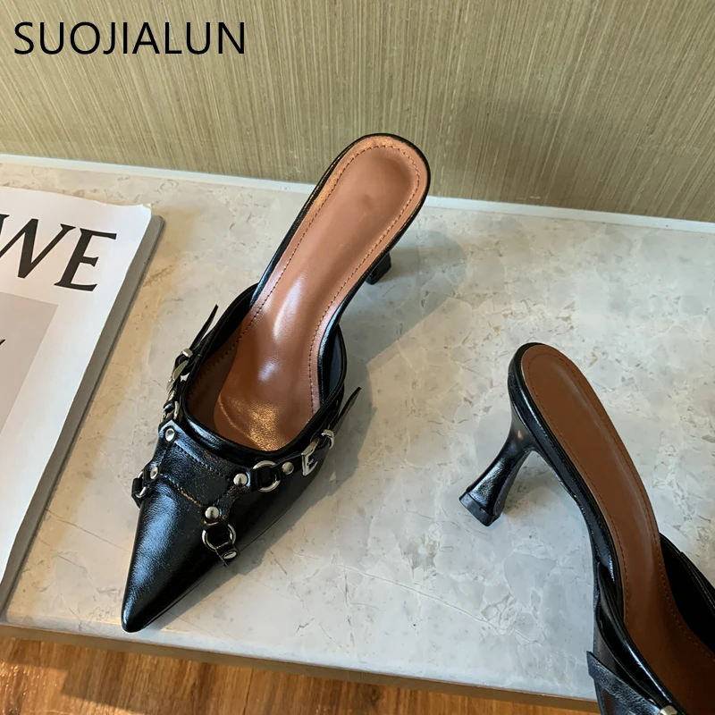 SUOJIALUN 2023 Spring New Brand Women Slipper Fashion Thin High Heel Pointed Toe Women Sandal Shoes Outdoor Dress Mules Shoes