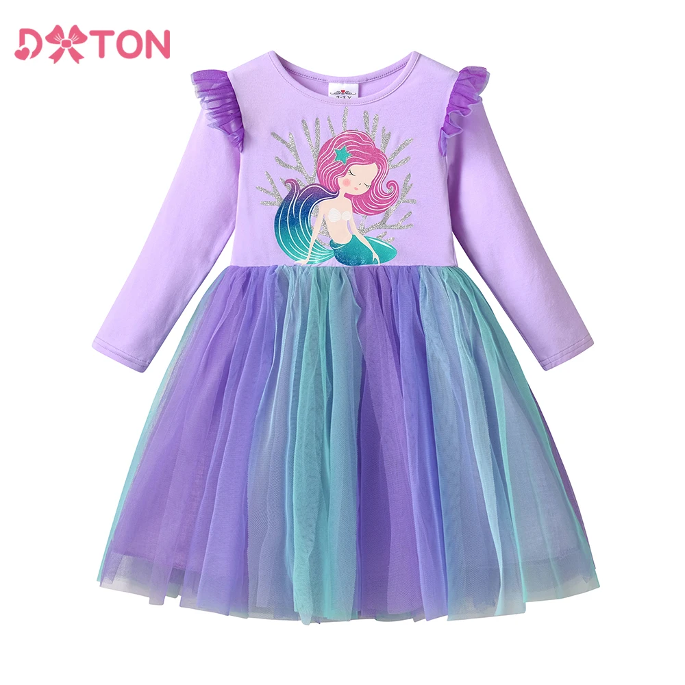 2024 New Princess Dress Mermaid Spring Autumn Girls Dress Ruffle Long-sleeved Children\'s Party Clothes Gradient Mesh Kids Dress