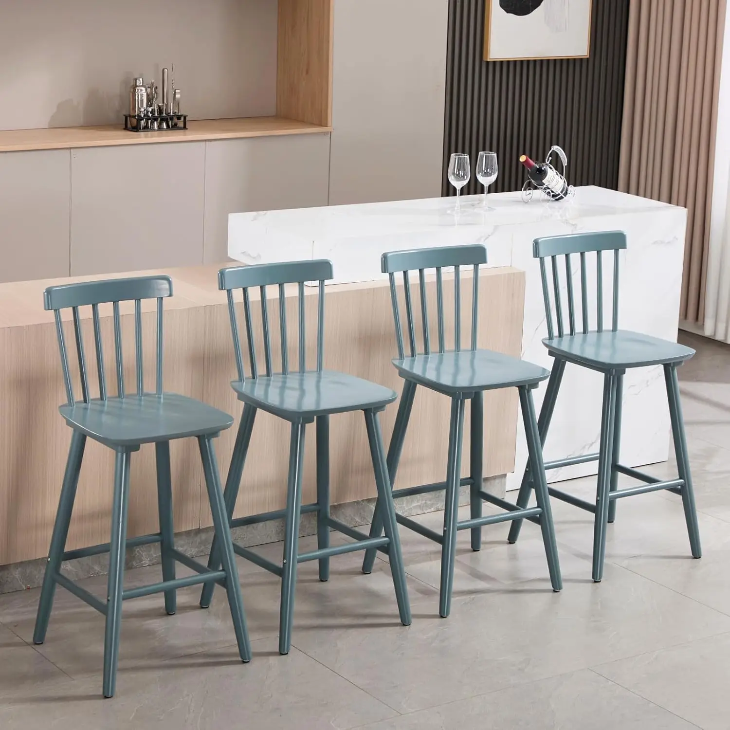 Chairus 26 Inch Modern Windsor Bar Stools Set Of 6, Farmhouse Wooden Armless Counter Height Bar Stools Chairs With Spindle Back