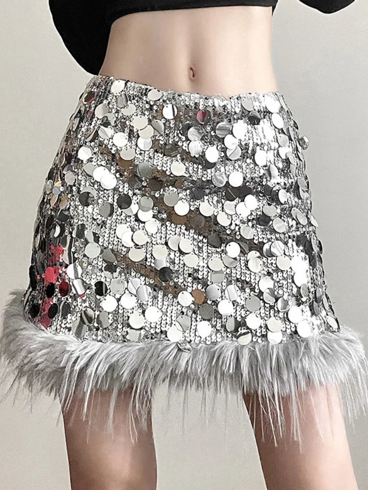 Sequined A-Line Mini Skirt For Women Clothing High Waist Faldones Para Mujer Y2k Slim Sexy Streetwear Feather Fashion Outfits