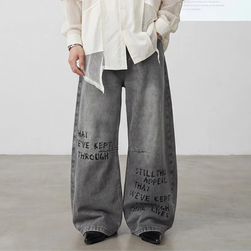 American Style Letter Graffiti Print Men's Jeans Vintage Straight Loose Draped Floor Length Pants Denim Trousers
