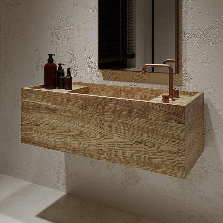 Medieval oak elm solid wood rock slab narrow edge thin edge very narrow deep sink hand wash basin under the table basin