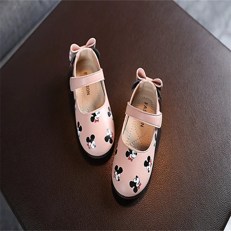 Disney Casual Shoes Kids Mickey Mouse Shoes For Girls Outdoor White Pink PU Leather Children Flats Soft Toddler Size 21-30