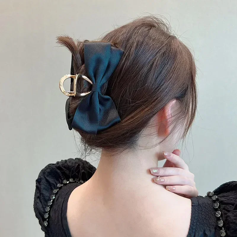 Luxury Korean Girl\'s Satin Bow Hair Claw Clips Women Clamps Gold Color Metal Crab Cross Hair Clips Daily Hair Accessories Gifts