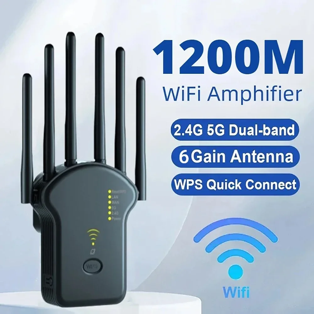 

WiFi Repeater Wireless Router 1200Mbps 2.4G 5G Signal Cover Extender High Gain 6 Antenna Network Amplifier Range Signal Booster