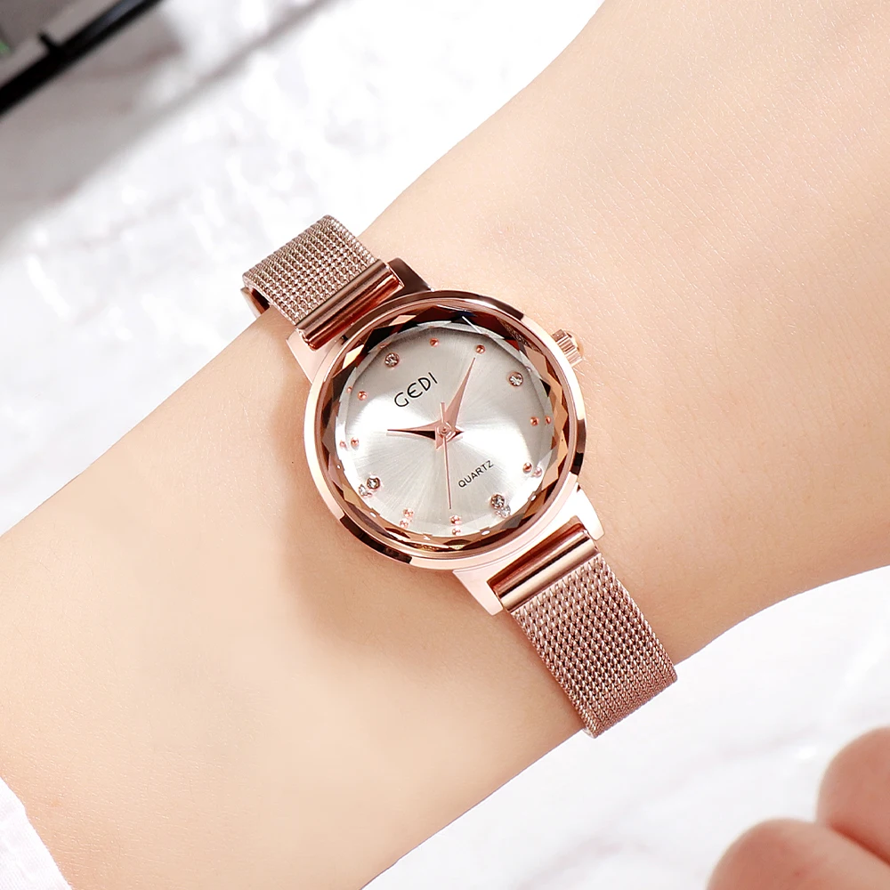 

GEDI Fashion Stainless Steel Women Quartz Watches Luxury Waterproof Milanese Steel Strap Stereoscopic Glass Ladies Wristwatch