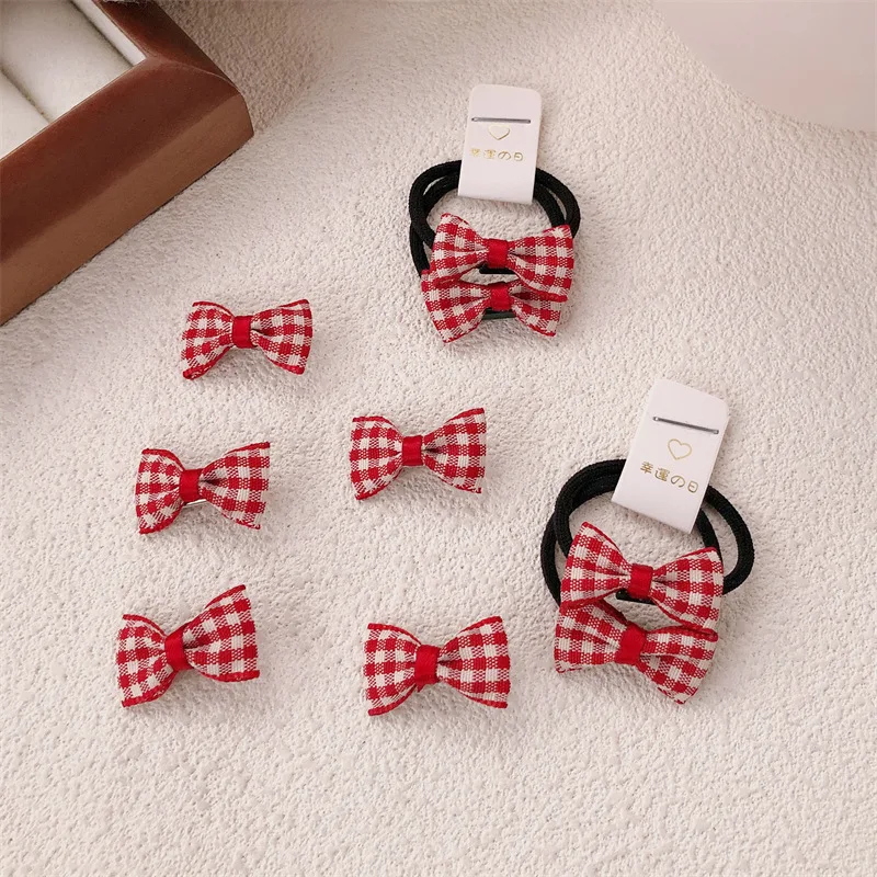 2/5/7pcs-girl's red checkered bow hairpin hairband set un-hurt hair elastic cute hair string hair rings accessories