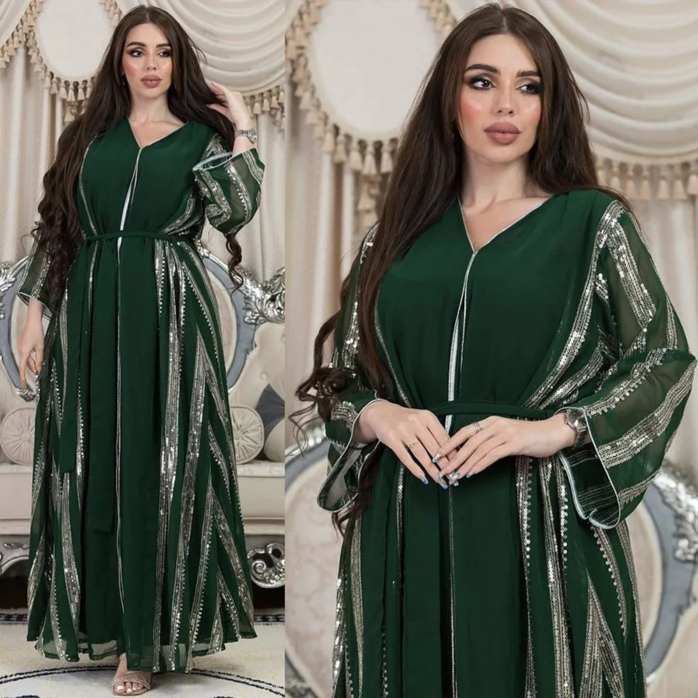 Muslim Abayas for Women Striped Sequin Loose Robe Dubai Arabian Chiffon Beads Patchwork Light Luxury Arab Indian Muslim Dress