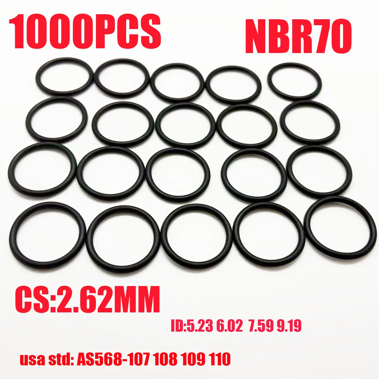 1000pcs NBR70 O Ring Gasket CS2.62mm ID 5.23-9.19mm Nitrile Butadiene Rubber Spacer Oil Resistance Washer Round Shape Black