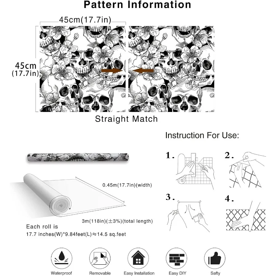 45cm Width Halloween Peel and Stick Wallpaper Sugar Skull Floral for Bedroom Black/White Removable Accent Wall Decorations