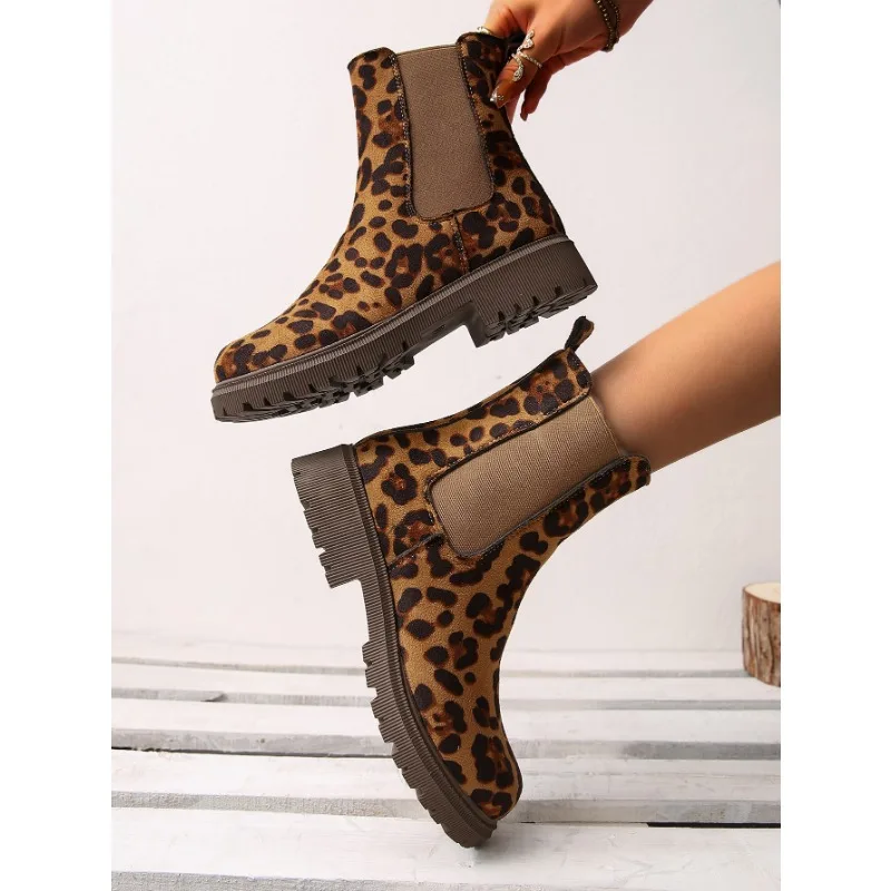 Women Leopard Suede Ankle Boots Fashion Flats Shoes Woman 2025 Trend Winter Snow Dress Goth Walking New Motorcycle Boots Mujer image 4