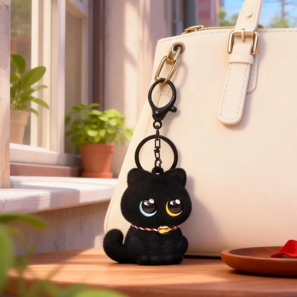Funny Cartoon Animals Flocking Black Cat Keychain Small with Bell Collar Cat Key Ring Cool Cat Bag Charm Halloween