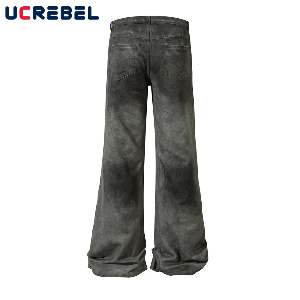 Washed Distressed Flare Pants Mens Vintage High Street Pocket Loose Casual Trousers Men