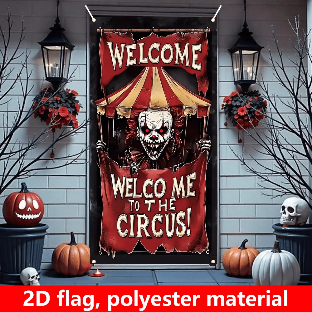 Einzelner Artikel, 2D-Flachflagge, Halloween-Veranda-Dekorationsflagge, Horror-Zirkus-Clown-Halloween-Veranda-Dekorationsflagge – Detail 1