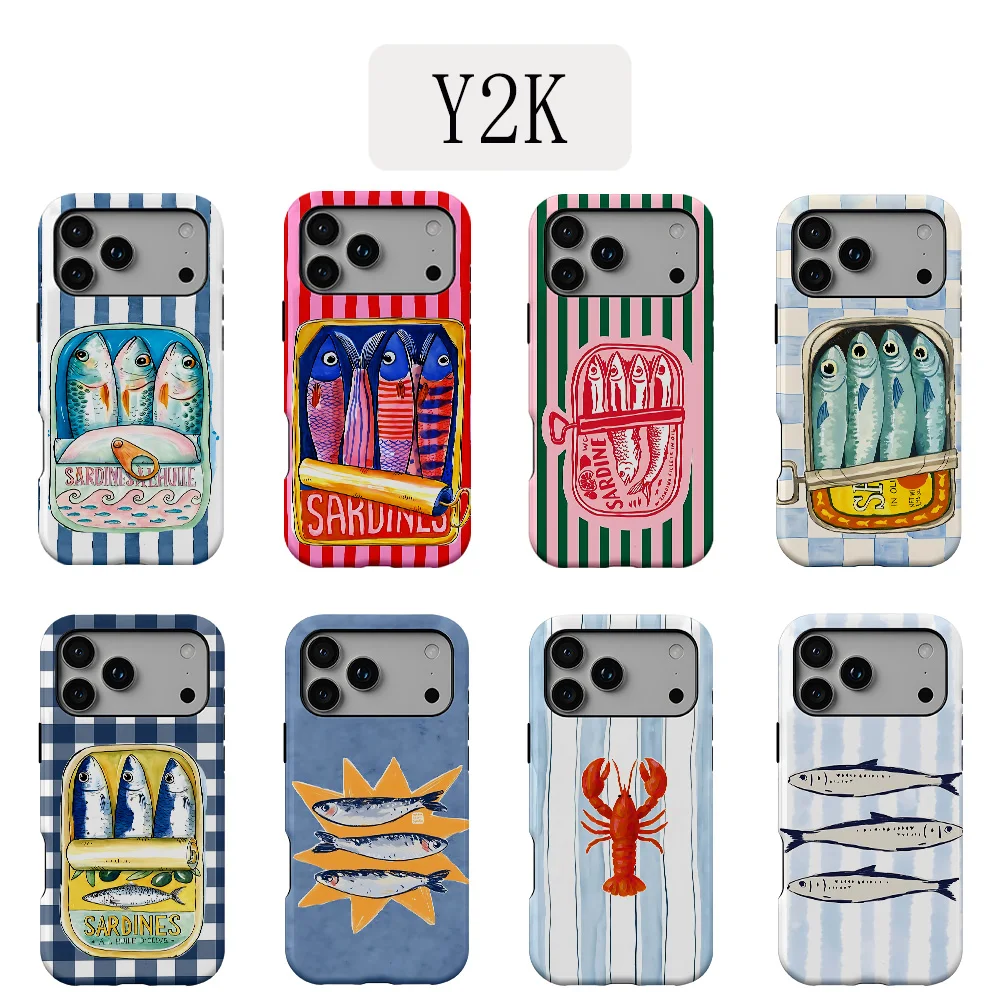 Funda de lujo de doble capa con diseño de pez rayado enlatado para iPhone 17 16e 16 15 14 13 12 11 X XS XR XSMAX 7 8 Air Pro Max Plus