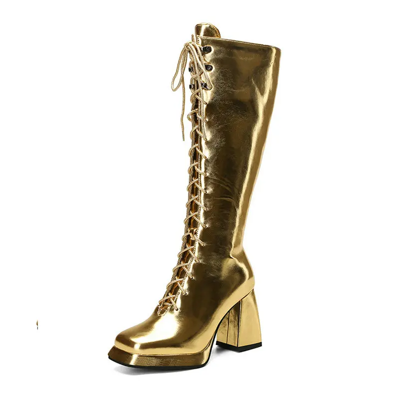 Gold Silver 2024 Women Knee High Boots Platform Thick High Heel Ladies Calf Boots PU Leather Square Toe Cross Tied Women\'s Boots