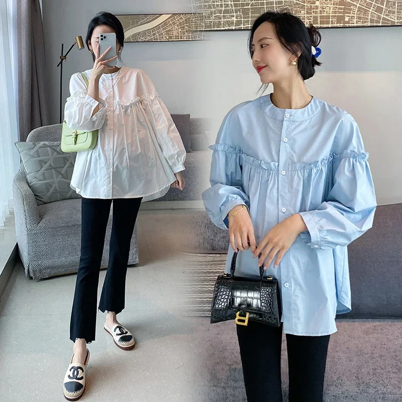 Maternity Loose Blouse Cotton Long Sleeves Stand Collar European Fashion Design Pregnant Women Blouse