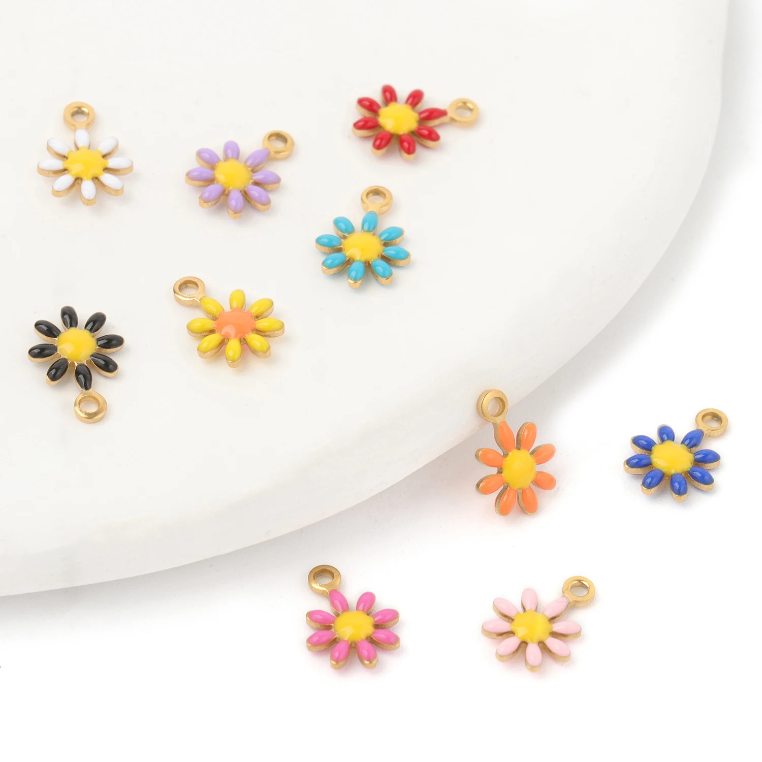 Colorful Small Daisy Shape Pendants 7x10mm Stainless Steel Charms For Making Jewelry Diy Necklace Accessories 5pcs