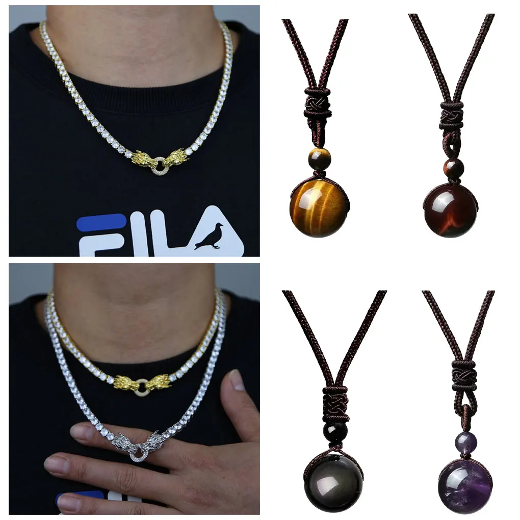 Men’s 16mm Natural Stone Necklace Party Banquet Portable Ball Pendant Simple Design Jewellery Decor Birthday Gift