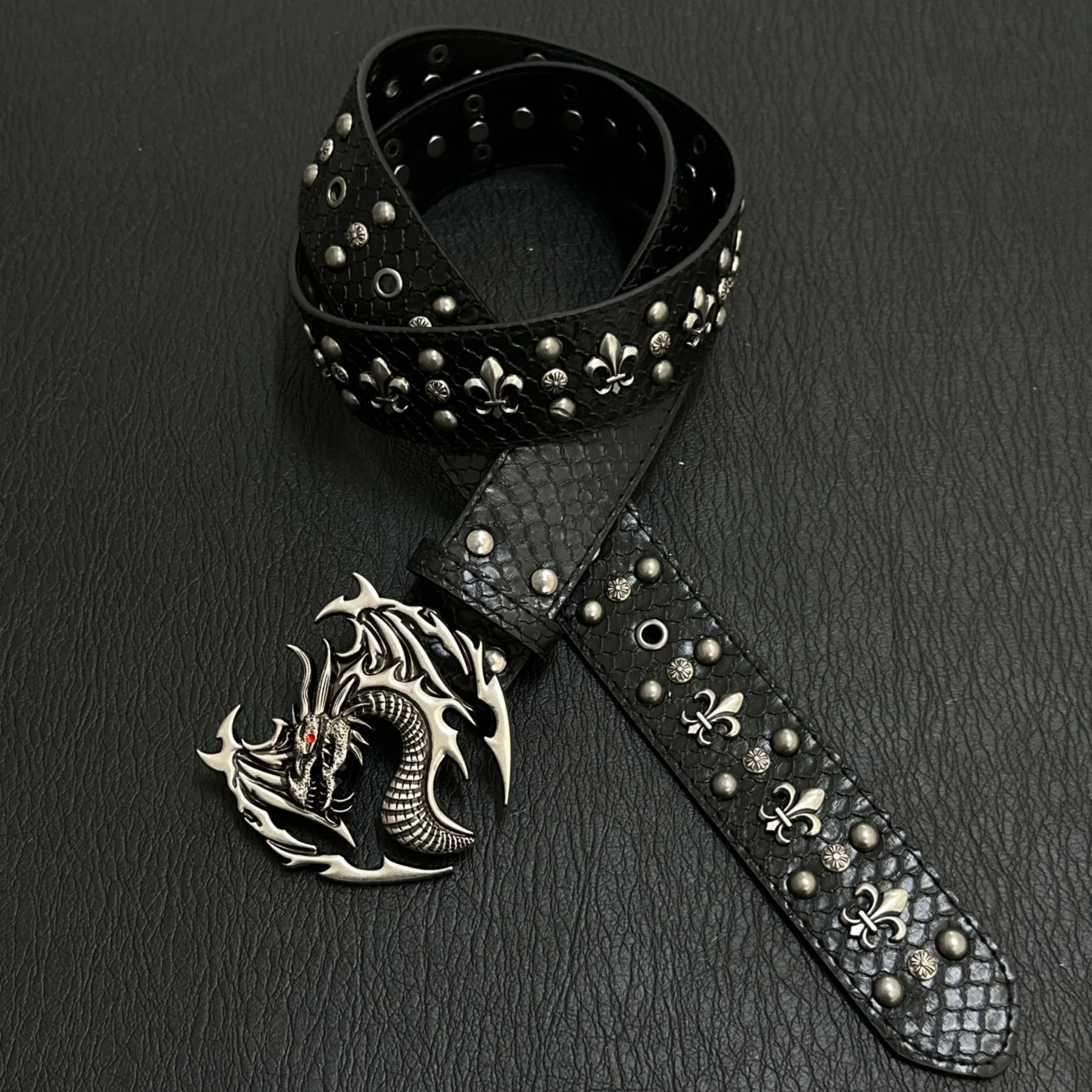 Men's Punk Studded Belt Vintage Dragon Head Buckle Crocodile Print Faux Leather Iris Stud Accents Biker Rock Gothic Style Belt