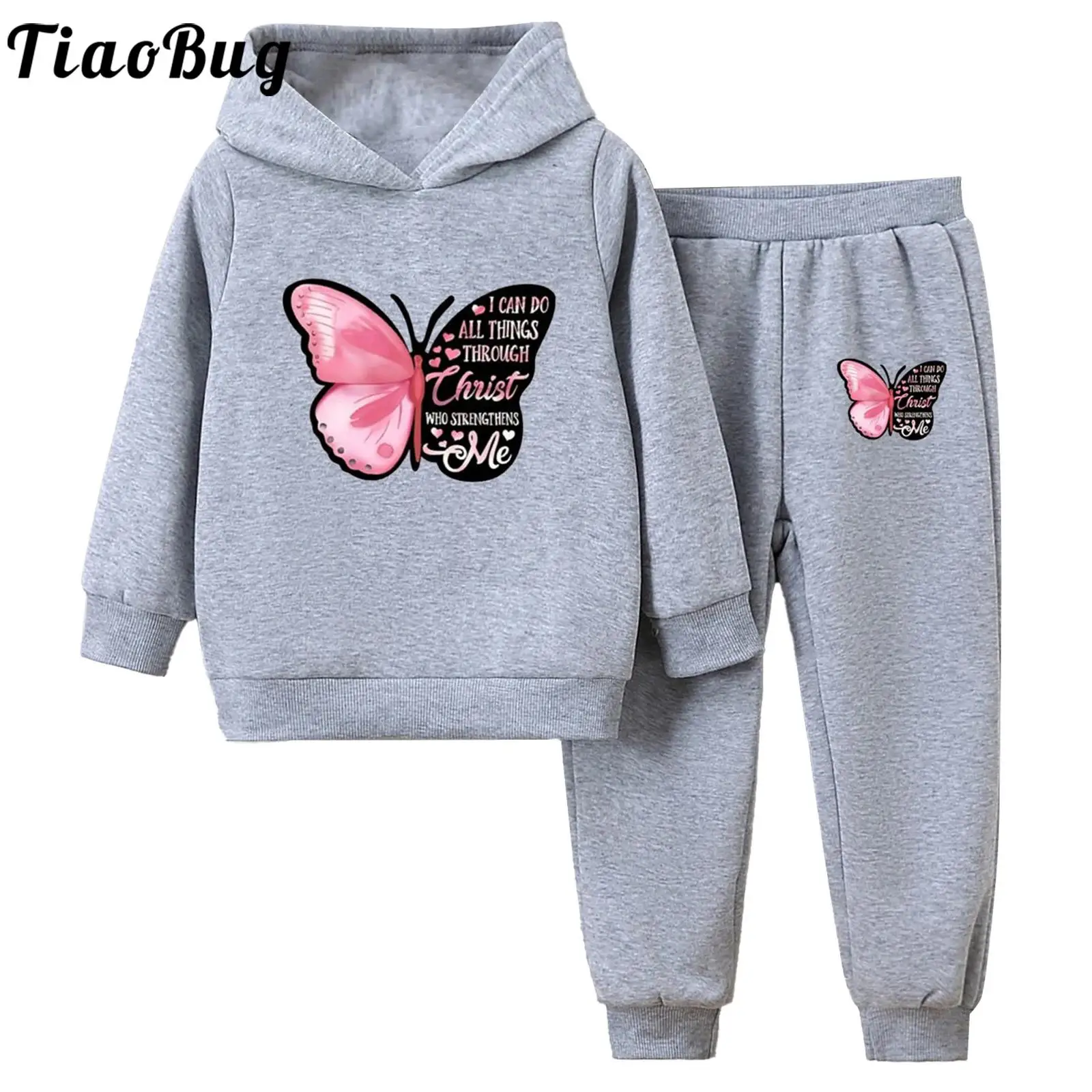 Kids Girls Cute Butterfly Print Two-piece Tracksuit Casual Fleece-Lined Sports Set Long Sleeve Hoodie with Sweatpants for Sports