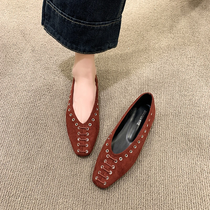 Soft Sole Square Toe Single Shoes Spring Scrub Leather Pumps New Commuter Rivet Slip-On Flats for Women