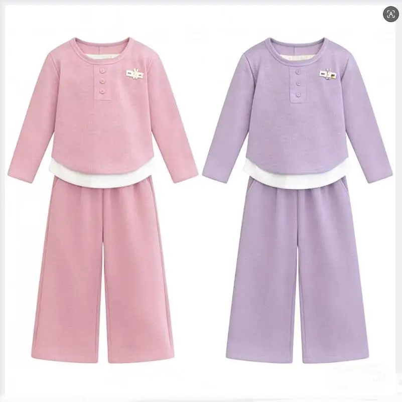 Children's Set 2026 Girls' Spring and Autumn Korean Edition Soft Sticky Fake Two piece Top+Wide Leg Pants Casual Set1-12Y
