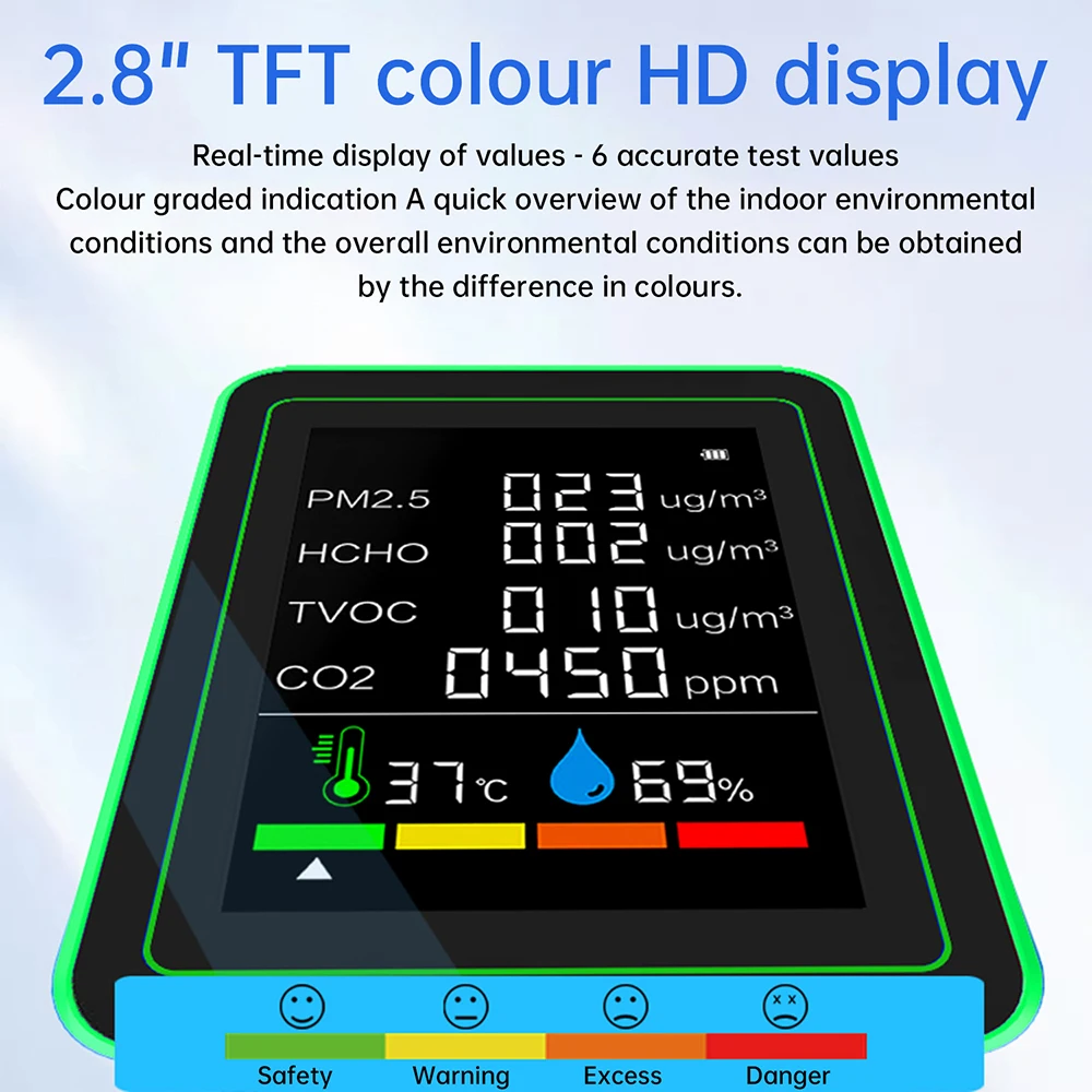 ใหม่ 6 In 1 Air คุณภาพเครื่องตรวจจับไดออกไซด์ CO2 HCHO TVOC PM2.5 อุณหภูมิและความชื้น Air คุณภาพสําหรับ Home & Office
