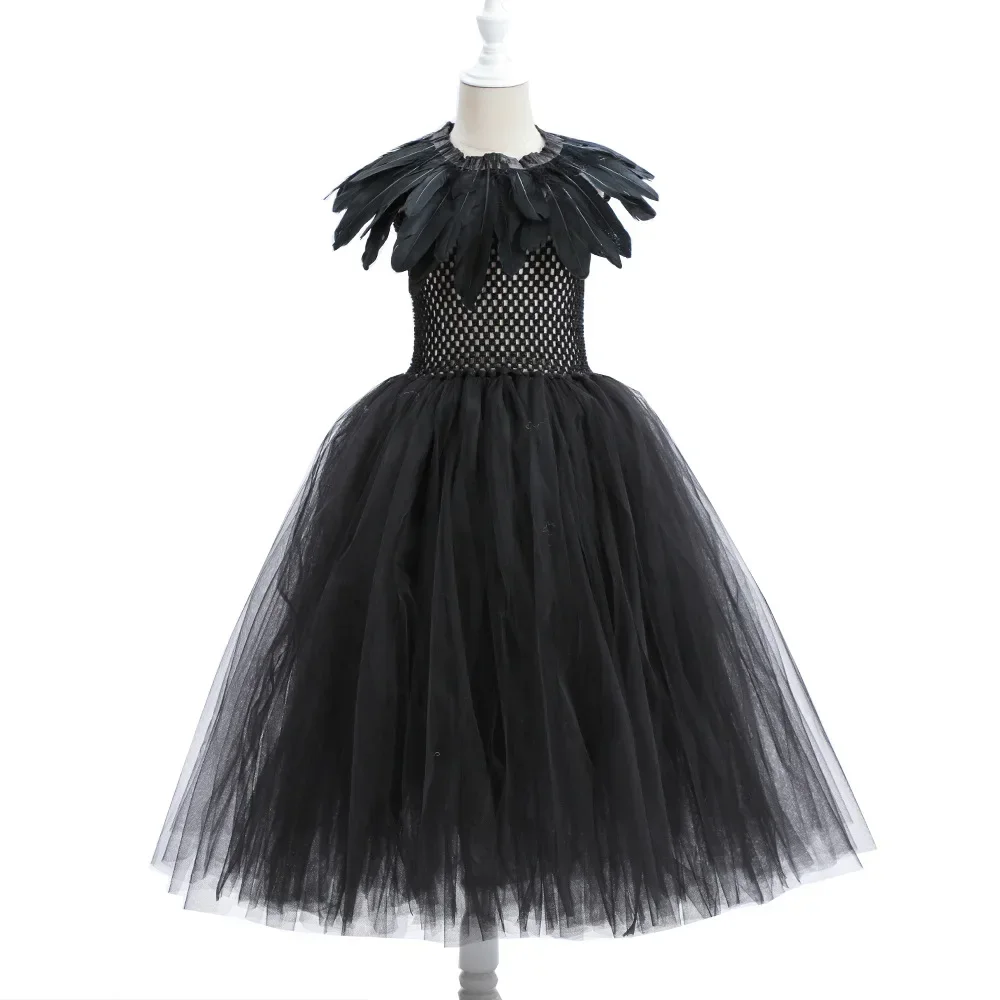 Mädchen Cosplay Kostüm Kleid Kinder Böse Königin Rollenspiel Outfit Schwarzes Federflügel Netz-Tutu-Kleid für Halloween Karneval – Detail 6