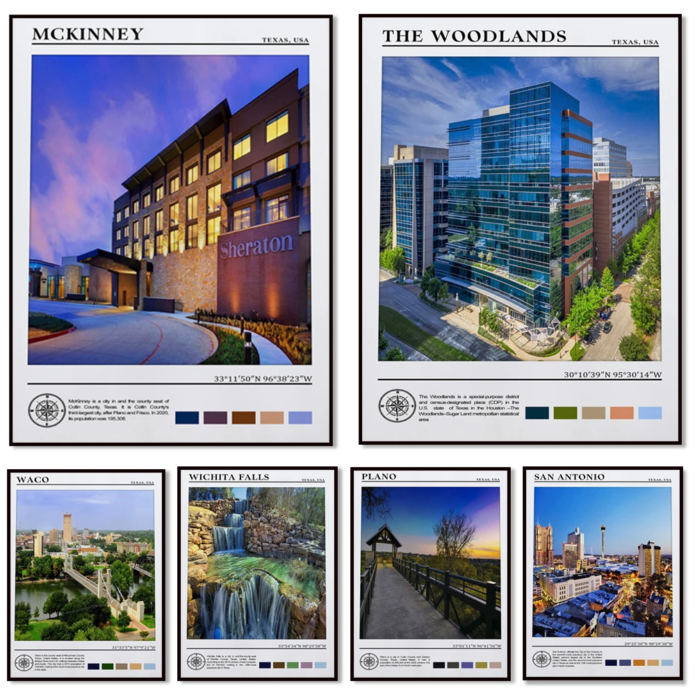 American McKinney, Mesquite, Midland, Pasadena, Plano, San Antonio, Waco, Wichita Falls, Woodland, Laredo, Texas travel poster
