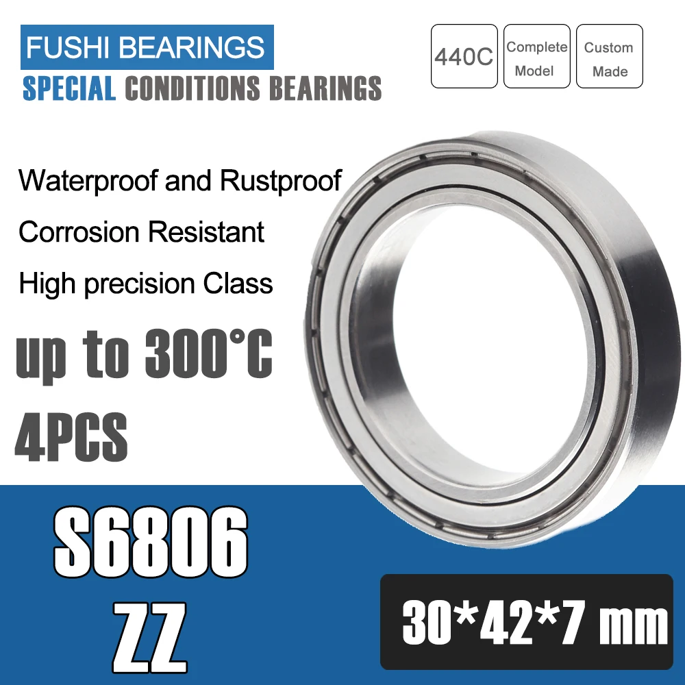 S6806ZZ Bearing 30x42x7mm 440C Stainless Steel S6806-2ZZ Stainless Steel Ball Bearings ABEC-5 Double Shield Sealed Pick of 4PC