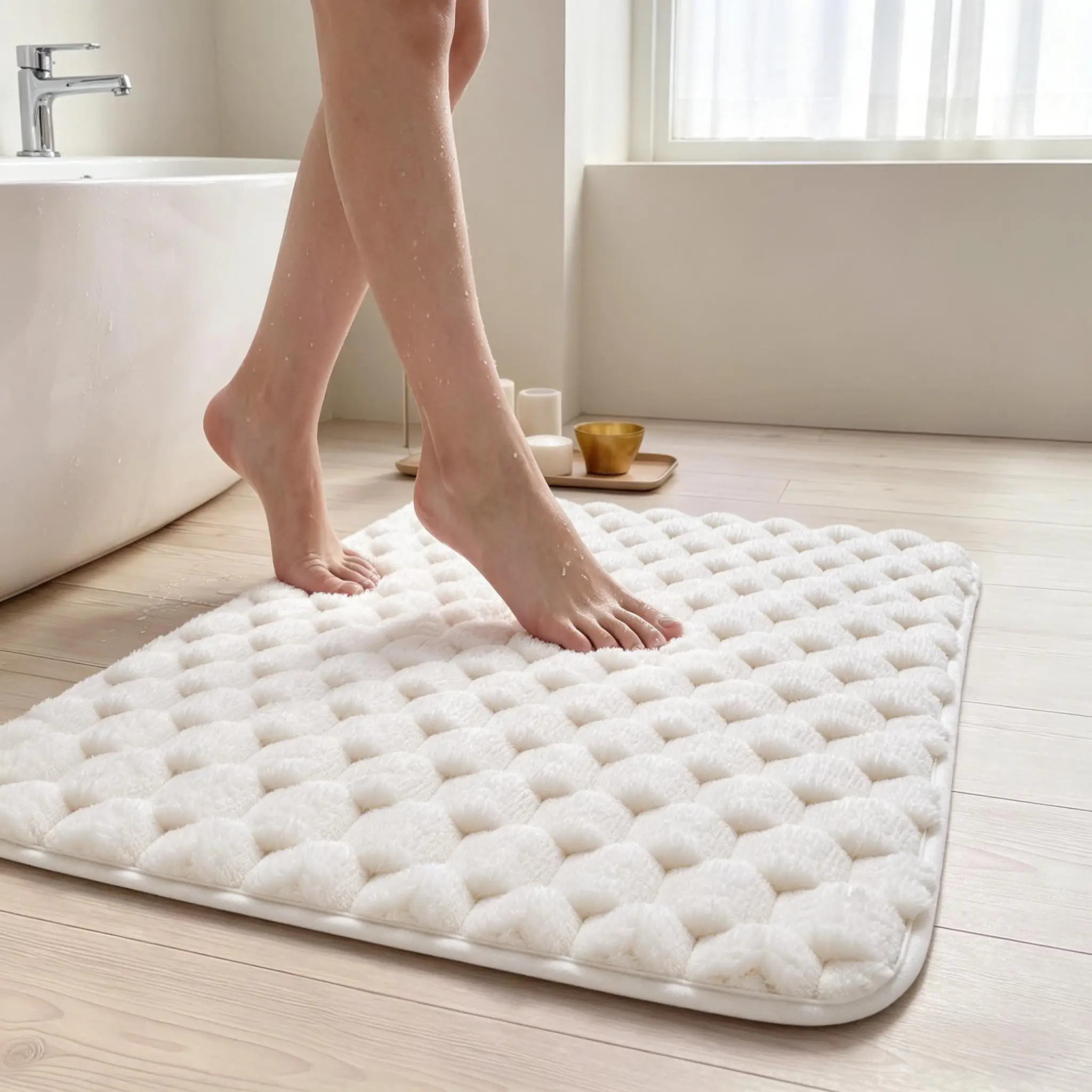 Solid Color Particle Velvet Bath Mat, Memory Foam Core Bathroom Rug, Soft Comfortable Super Absorbent Non-Slip Shower Floor Mat