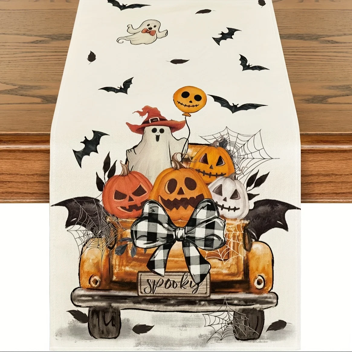 1 Halloween Themed Table Runner, Decorative Pumpkin Car, Ghost Bat, Suitable for Parties, Home, Restaurants, Market Scenes.