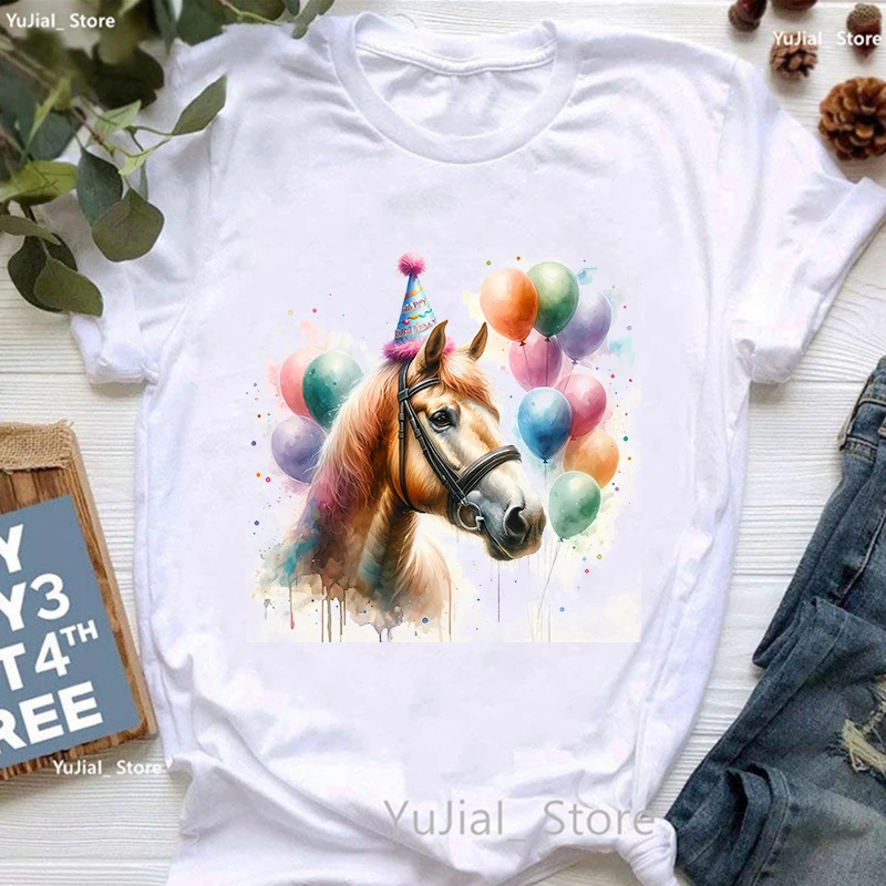 Colorful Horse Birthday Printed T Shirt Women'S Clothing Funny Casual Tshirt Femme Harajuku Kawaii Clothes T-Shirt Female Tops