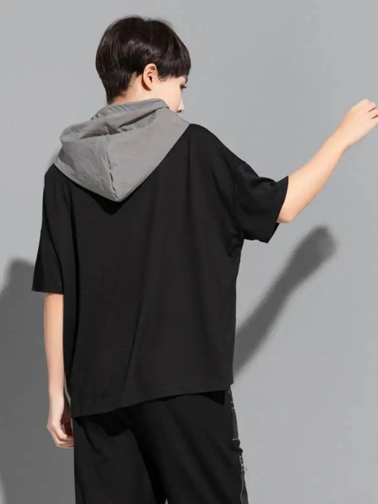 Black Pockets Women Drawstring Big Size T-shirt New Loose Fit Hooded Short Sleeve Fashion  Spring Summer 2026 HMMZ