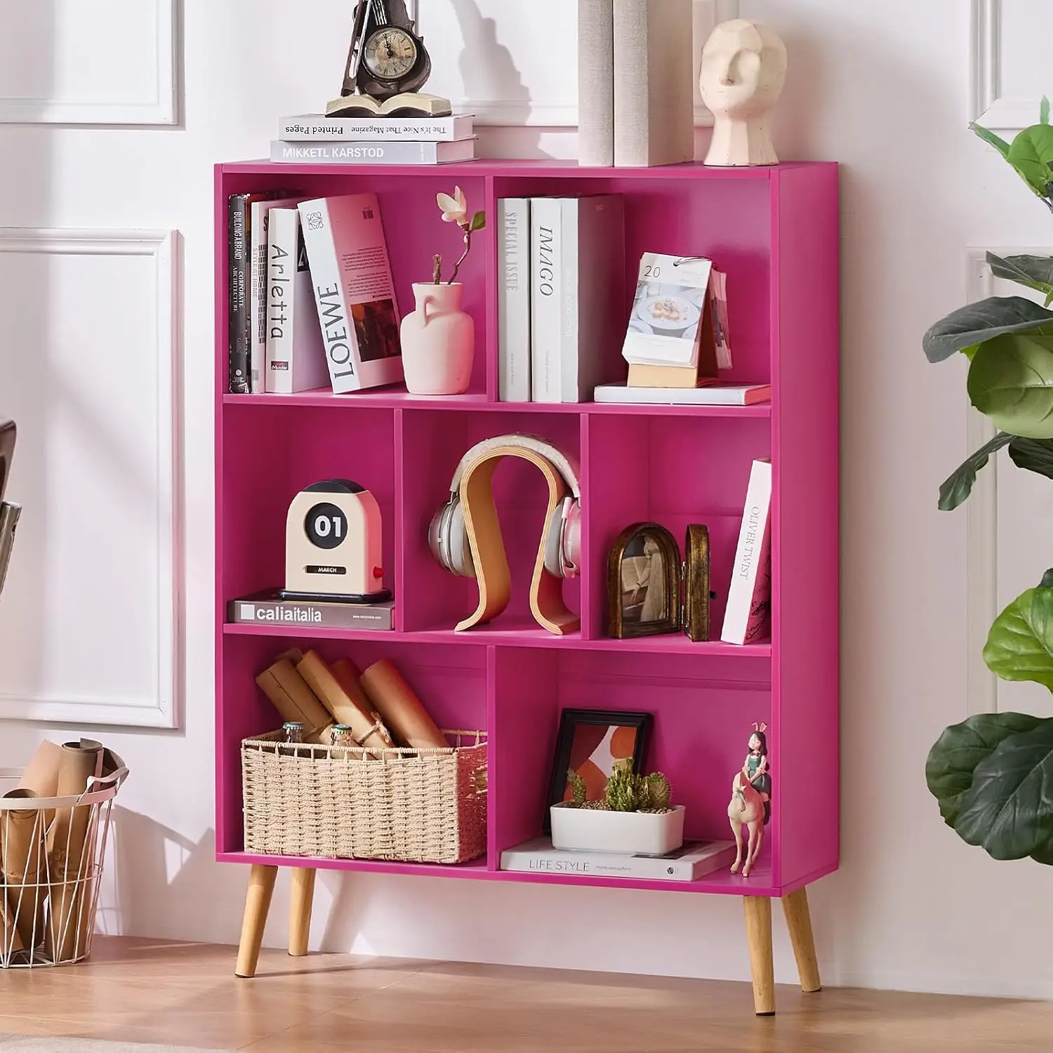 Mid-Century Modern Cube Bookshelf with Legs, Pink, Customized