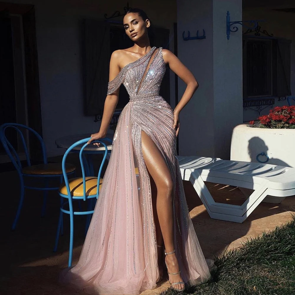 Sharon Said Luxury Rose Pink One Shoulder Mermaid Evening Dresses for Women Wedding Party High Slit Prom Gowns SS337 Customized