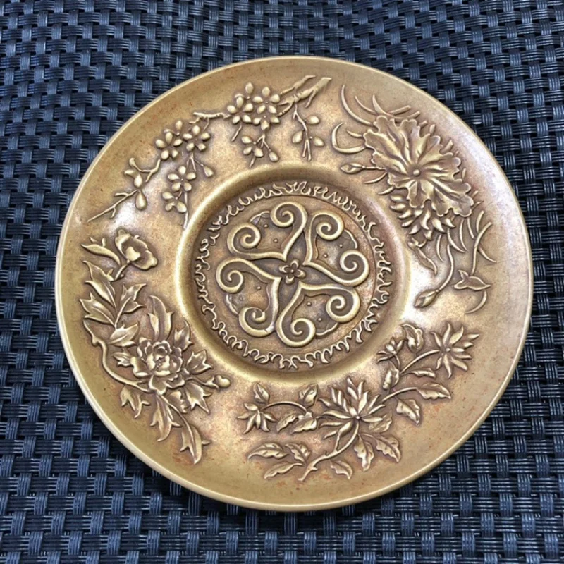 Brass Plate Small Ornaments Solid Copper Antique Miniature Carved Four Seasons Ruyi Flower Copper Dish Copper Ware Tribute Plate