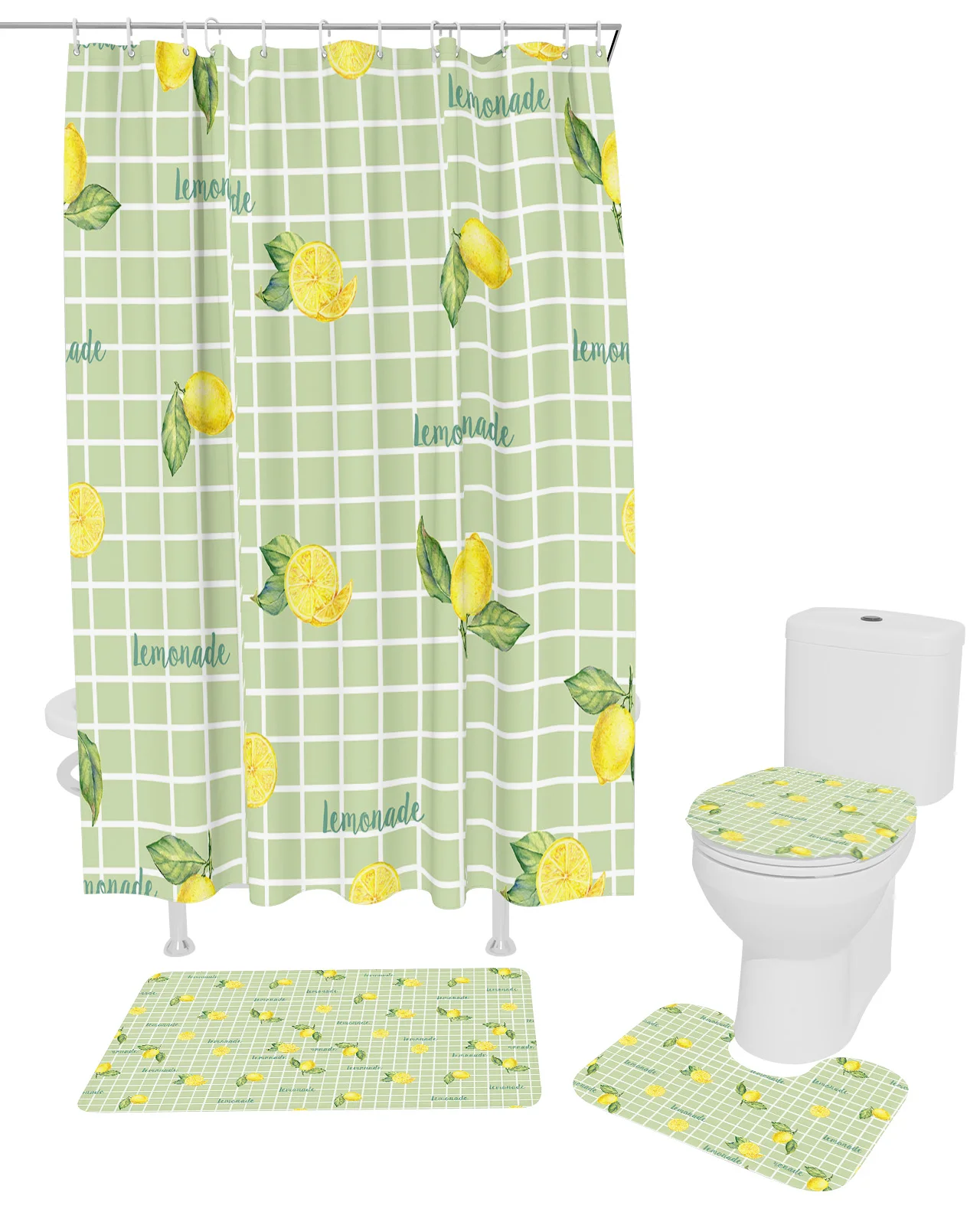 Checkered Letters Lemon Leaves Shower Curtain Set Non-Slip Rugs Bath Mat Toilet Lid Cover Waterproof Polyester Bathroom Curtain