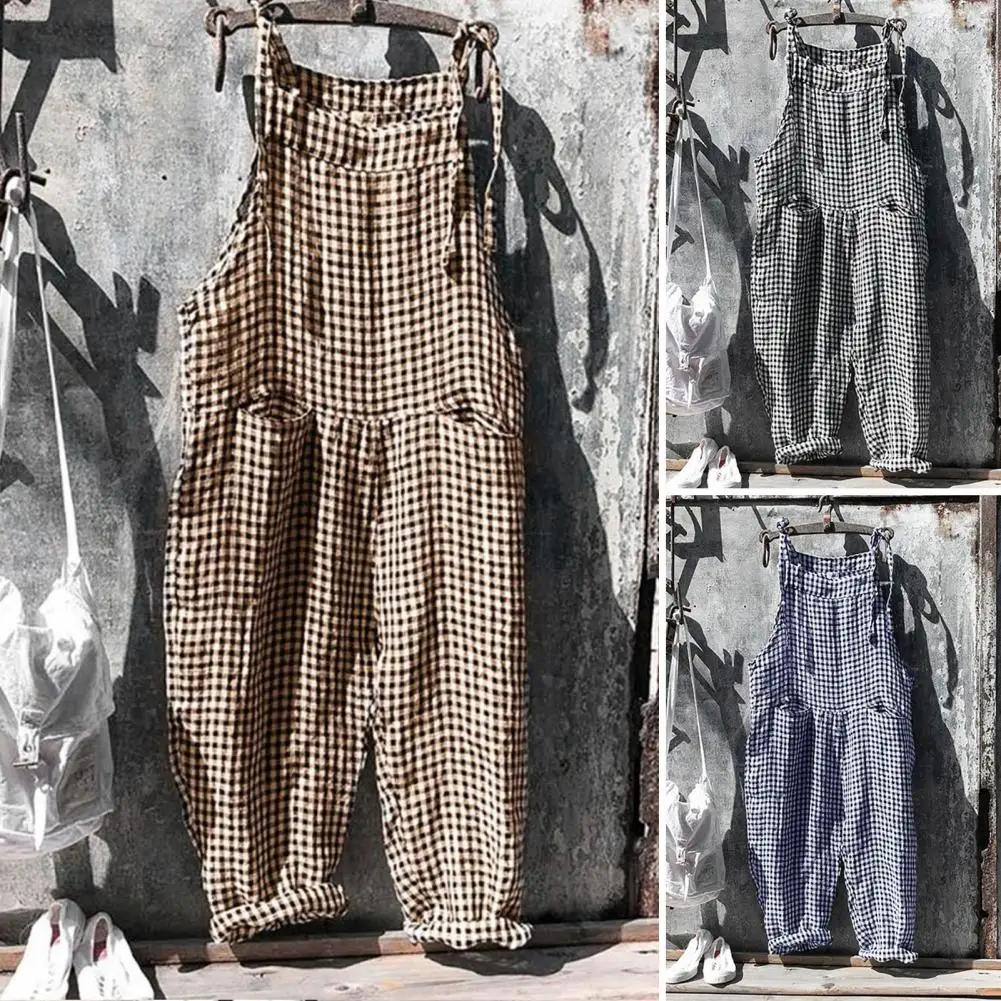 Women Plaid Jumpsuit Plaid Print Deep Crotch Backless Jumpsuit with Pockets Casual Stylish Women's Daily Wear Plaid Print