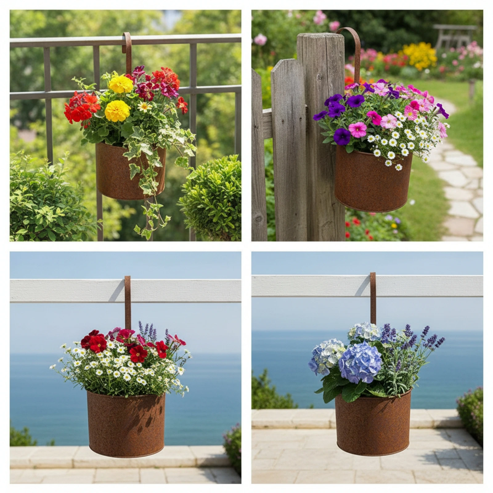 Planter with Hook Rustic Cylindrical Metal Planter Hanging Flower Pot Outdoor Container Vintage for Porch Railing, Balcony