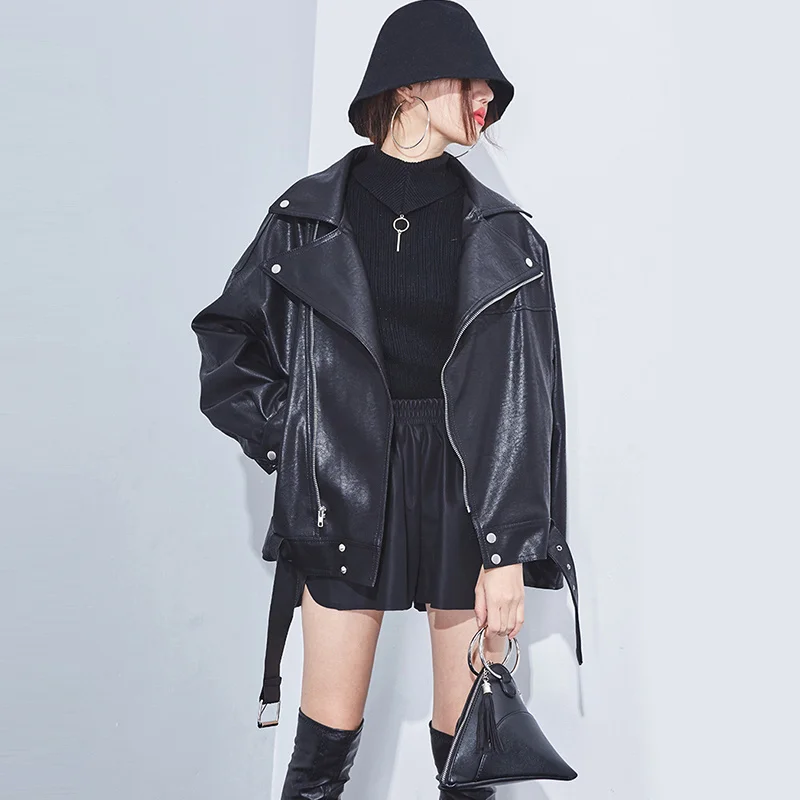 

High Quality Spring Autumn Faux Leather 2023 Jacket Women Loose Coat Female Biker Jacket Turn-down Collar Zipper Outerwear