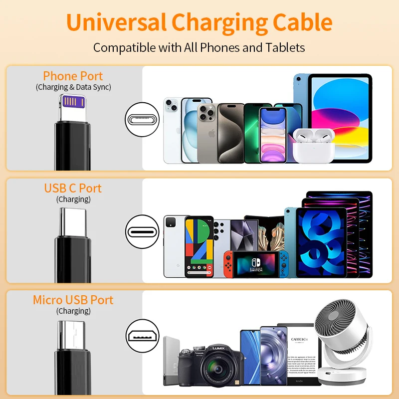Cable de datos USB 3 en 1 de 120w, carga rápida Lightning Micro tipo C, línea de cargador para Iphone, Samsung, Huwei, Cable de teléfono móvil para coche