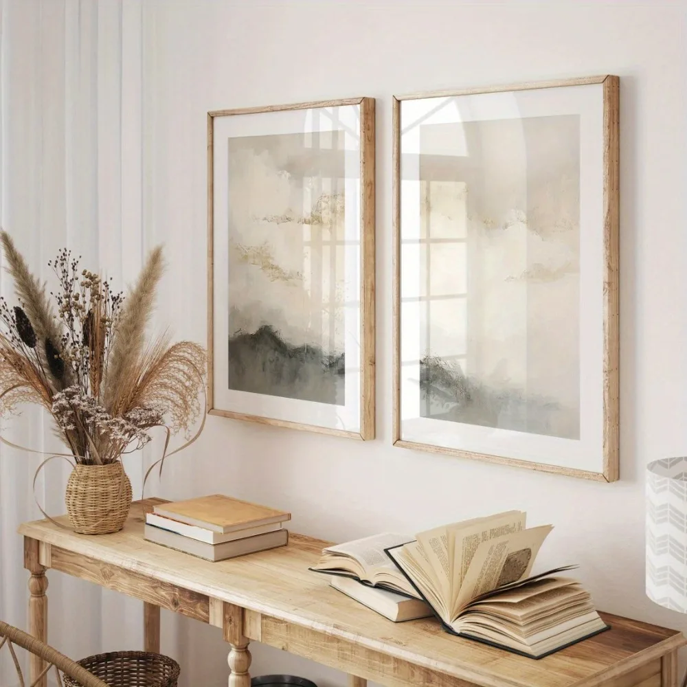 2 Piezas de Cuadros sin Marco, Póster Retro, Impresión Artística Abstracta de Cielo y Nubes, Pintura Simple en Lienzo Gris y Blanco Dorado, Decoración para Sala de Estar