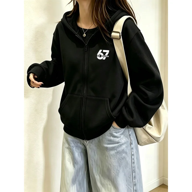 Women Apricot 67 Six Seven Number Print Zip Up Hoodie Minimal Letter Full Zip Sweatshirt Kangaroo Pocket Casual Streetwear Tops