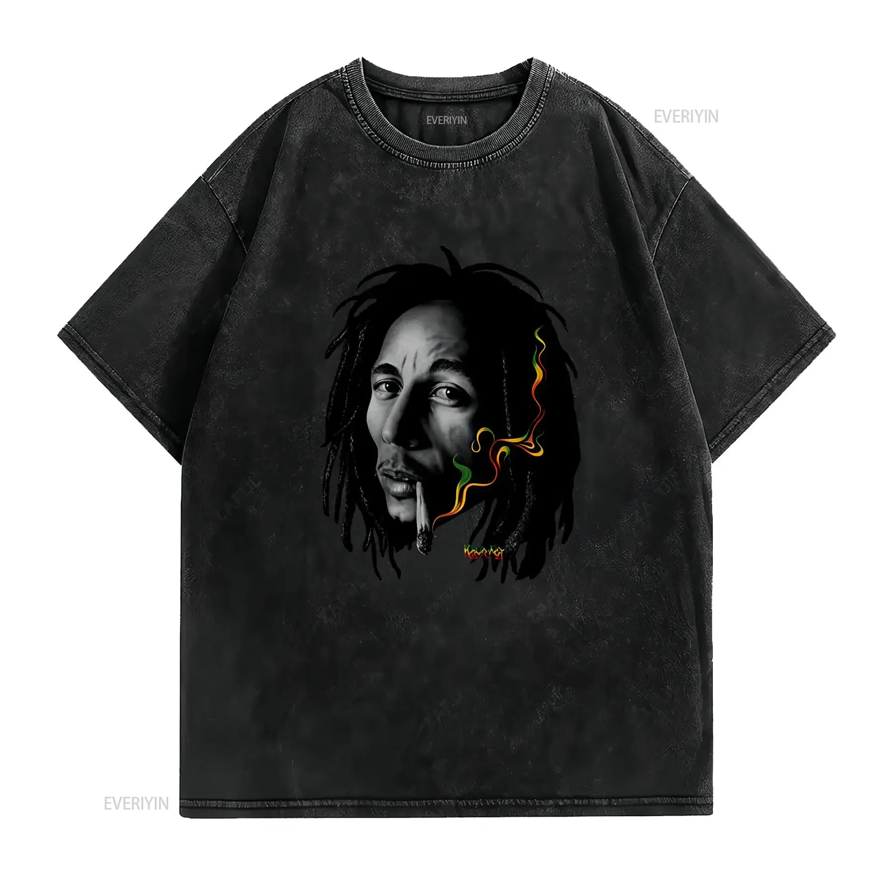 Cool Streetwear Realistic Reggae Bob Marley Rasta Colorful Smoke Print Casual T Shirt vintage Washed streetwear Stylish